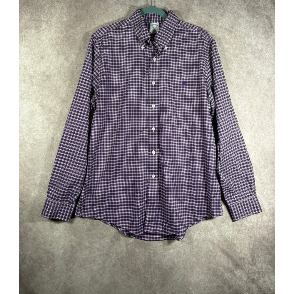 Brooks Brothers Button Down Shirt Mens L Purple Original Polo Plaid Non-Iron L/S